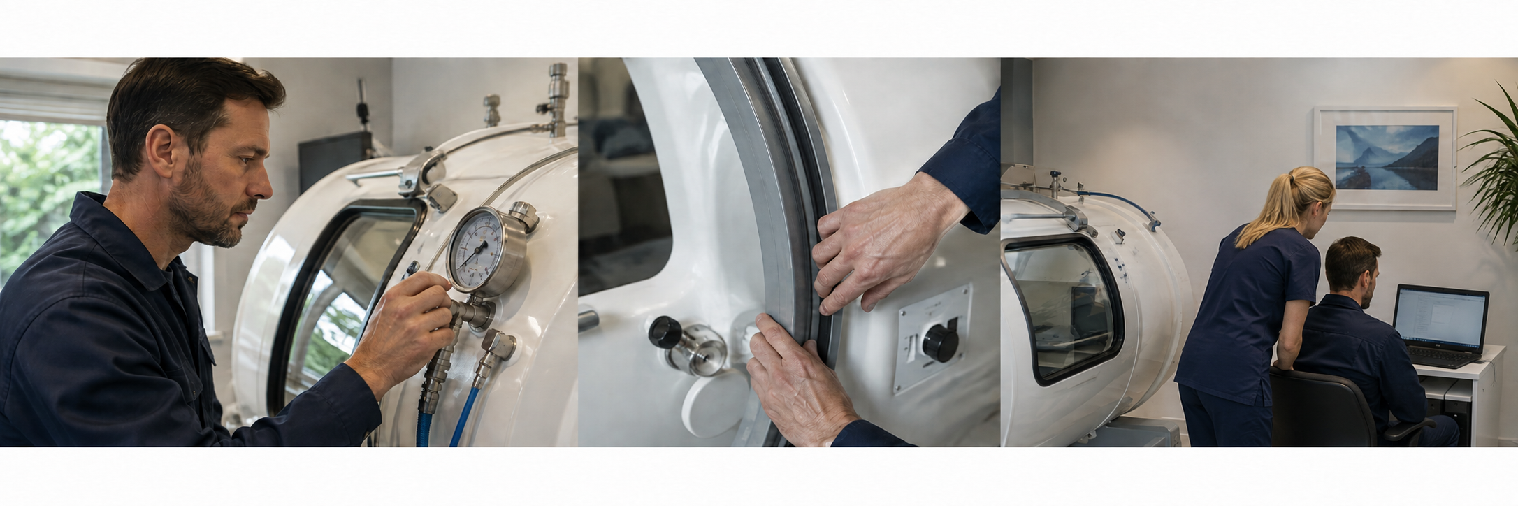 Hyperbaric chamber engineers carrying out professional servicing and technical checks